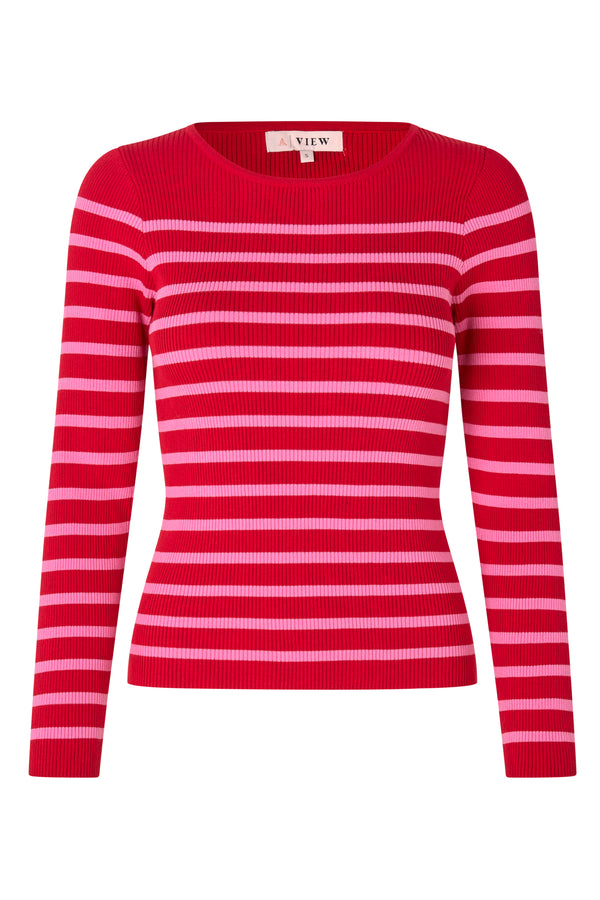 A-View Rib stripe knit blouse Knit 255 rose/red