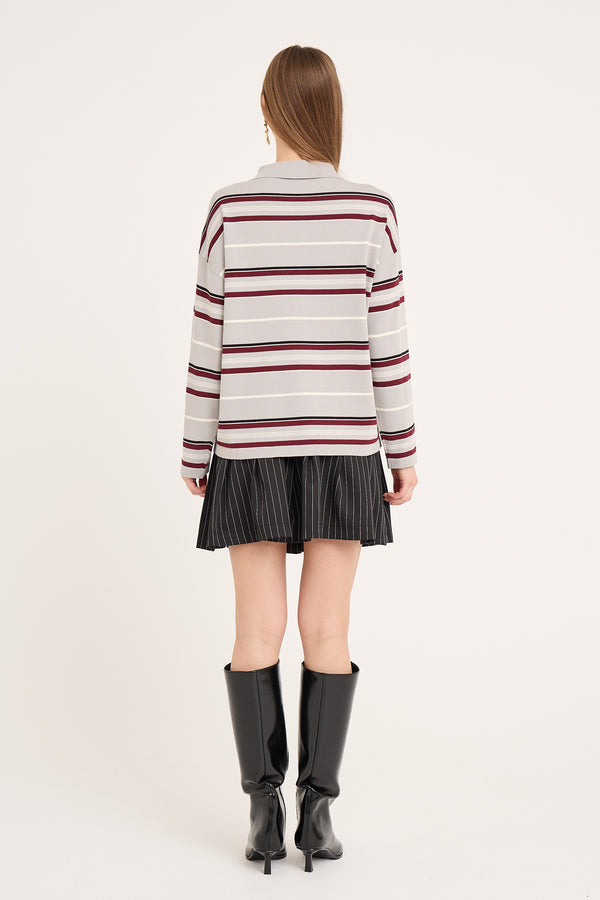 A-View Polo long sleeve stripe knit blouse AV6069 Knit 284 Grey/Off white