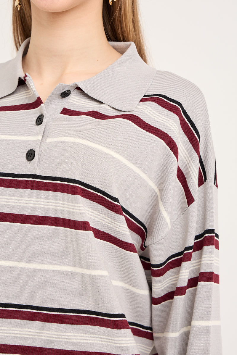 A-View Polo long sleeve stripe knit blouse AV6069 Knit 284 Grey/Off white