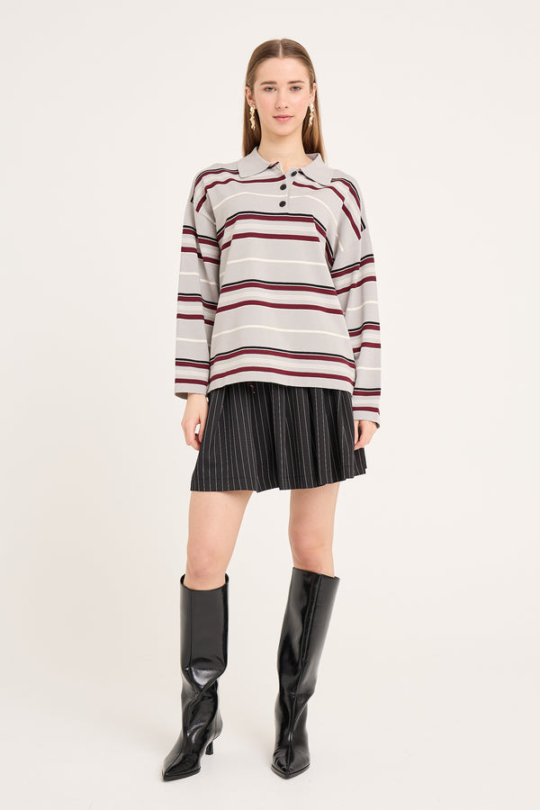 A-View Polo long sleeve stripe knit blouse AV6069 Knit 284 Grey/Off white