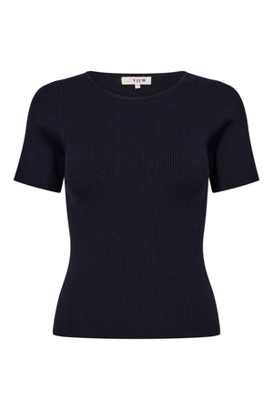 A-View Rib Knit Short Sleeve Top Tee 699 Navy
