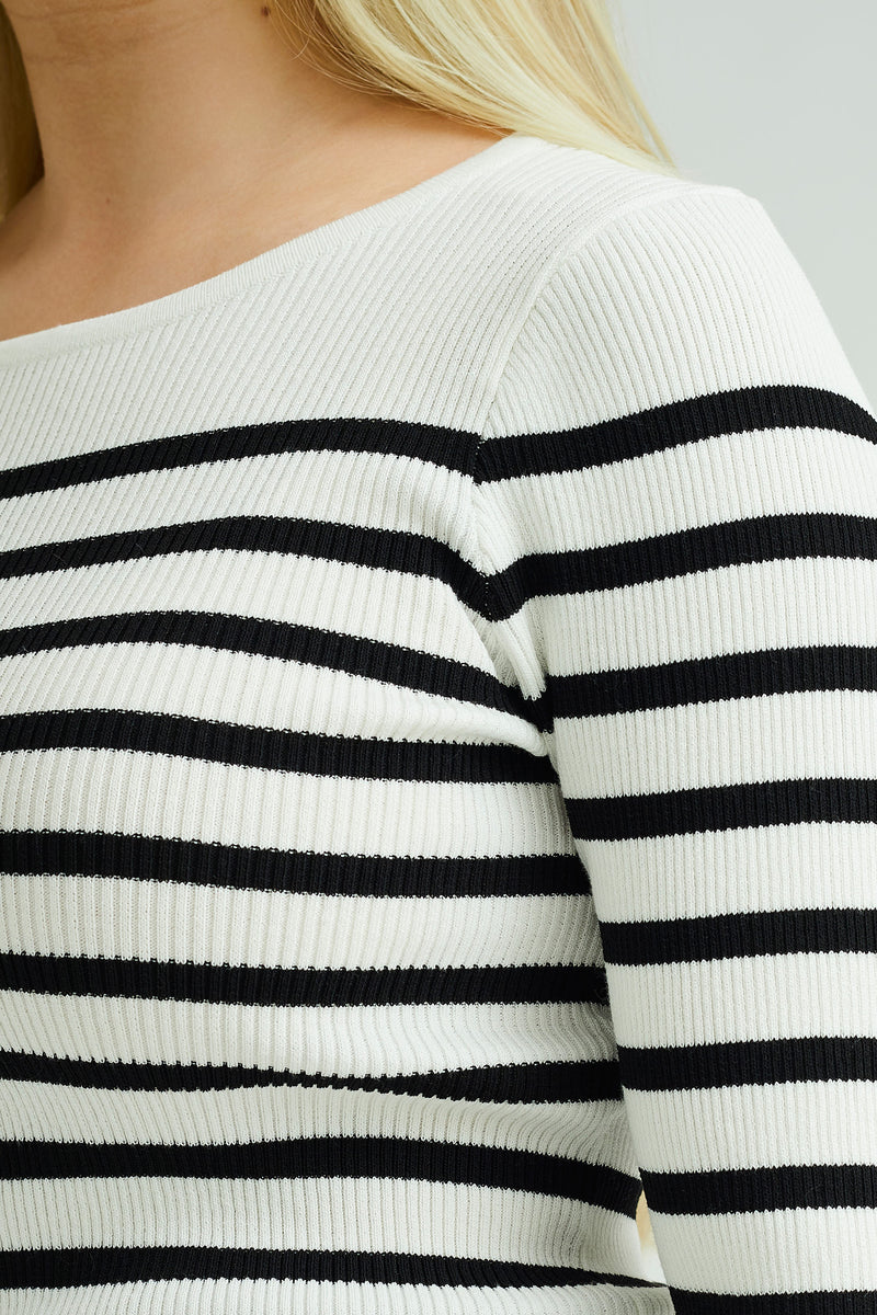 A-View Rib stripe knit blouse Knit 864 White/black