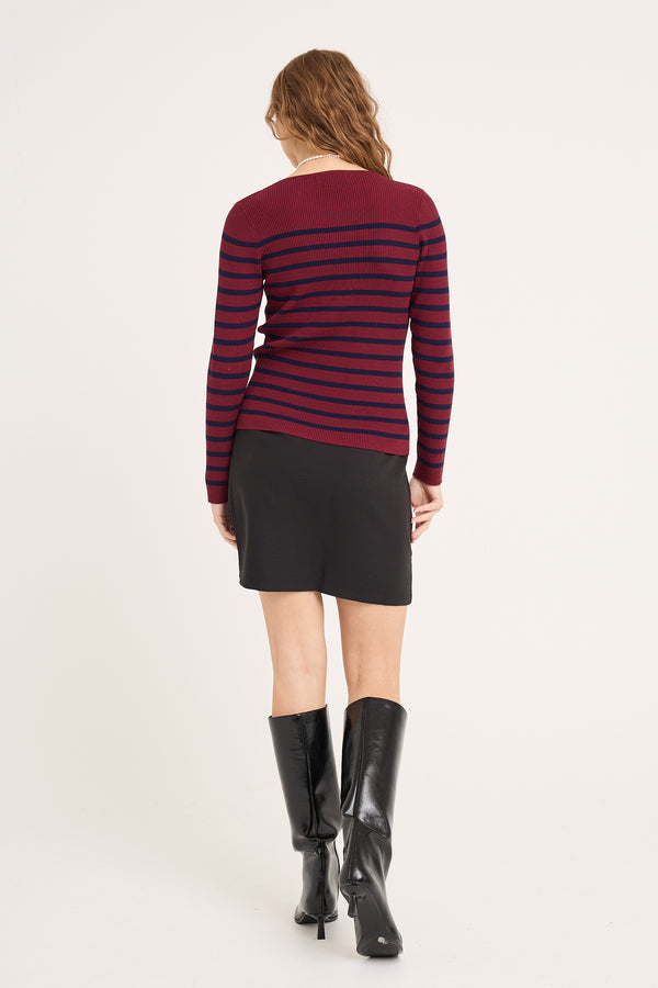 A-View Rib stripe knit blouse AV4634 Knit 265 Burgundy/navy