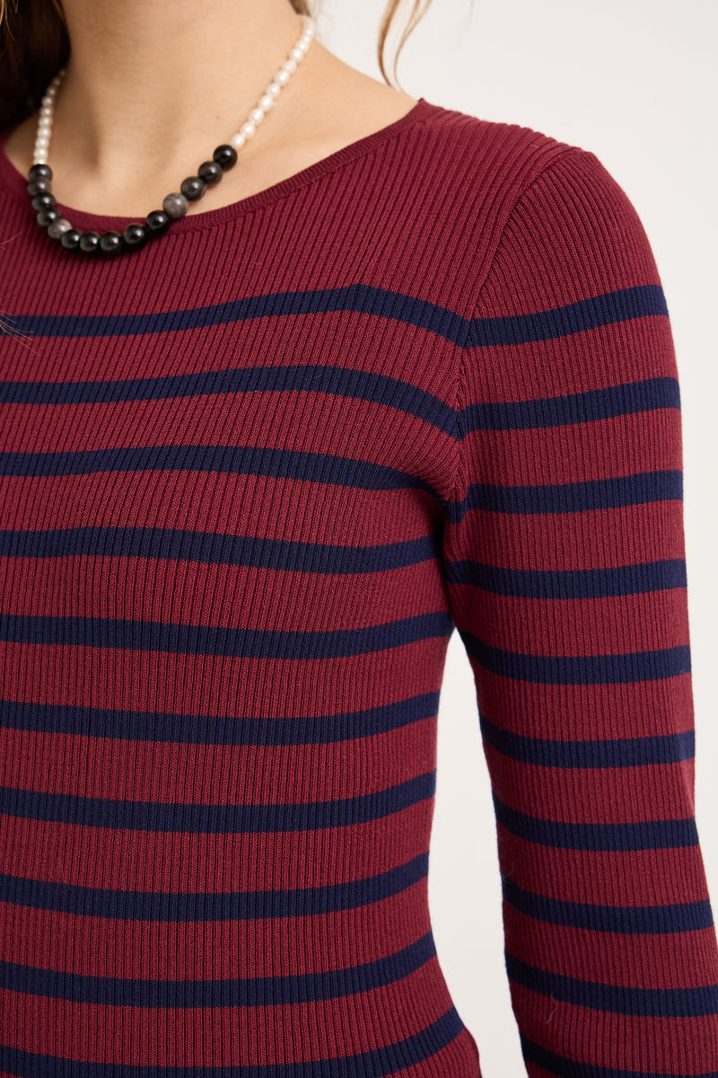 A-View Rib stripe knit blouse AV4634 Knit 265 Burgundy/navy