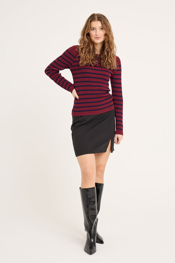 A-View Rib stripe knit blouse AV4634 Knit 265 Burgundy/navy
