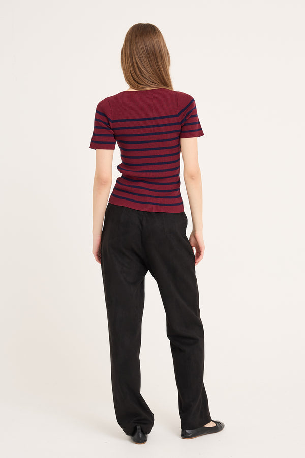 A-View Rib stripe short sleeve top AV4644 Knit 265 Burgundy/navy