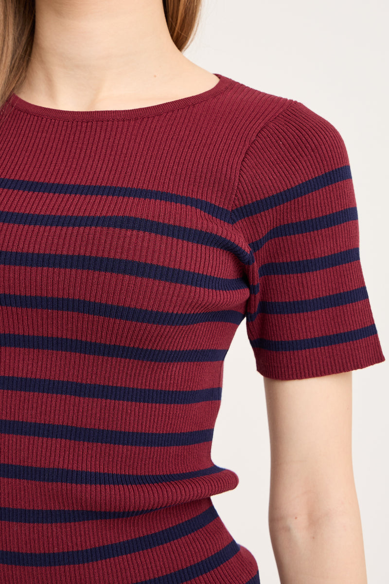 A-View Rib stripe short sleeve top AV4644 Knit 265 Burgundy/navy