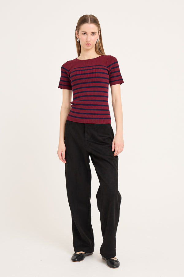 A-View Rib stripe short sleeve top AV4644 Knit 265 Burgundy/navy